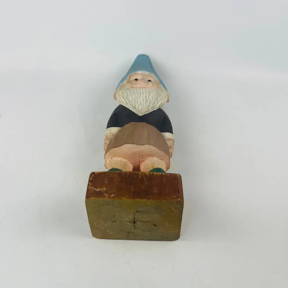 Hand-Carved Wooden Gnome Tall Blue Hat White Beard 12 1/2’